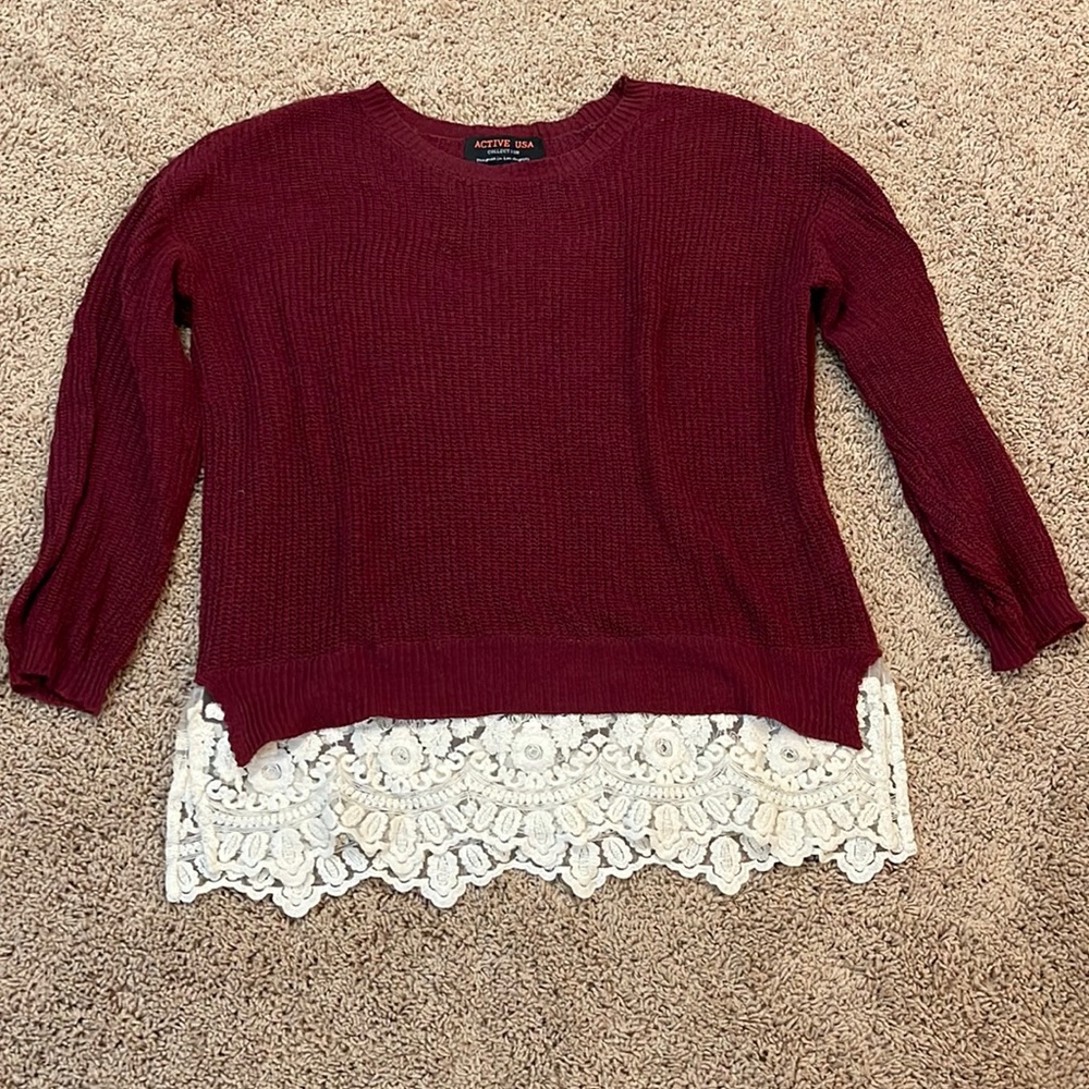 Burgundy Ladies Sweater with lace trim